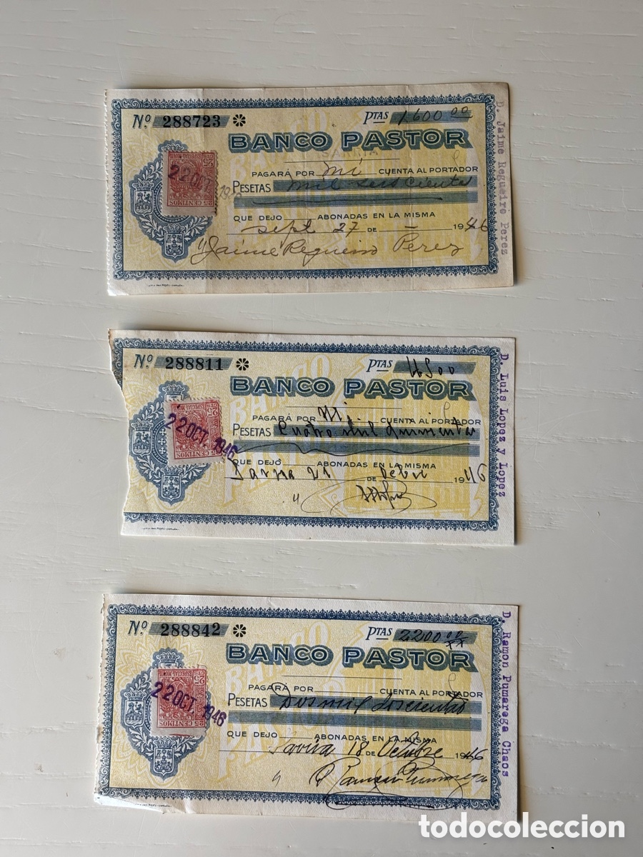 Documentos bancarios: Tr&iacute;o cheques Banco Pastor 1946