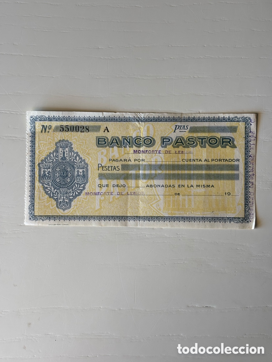 Documentos bancarios: Cheque Banco Pastor Monforte Lemos sin usar A&ntilde;os 40
