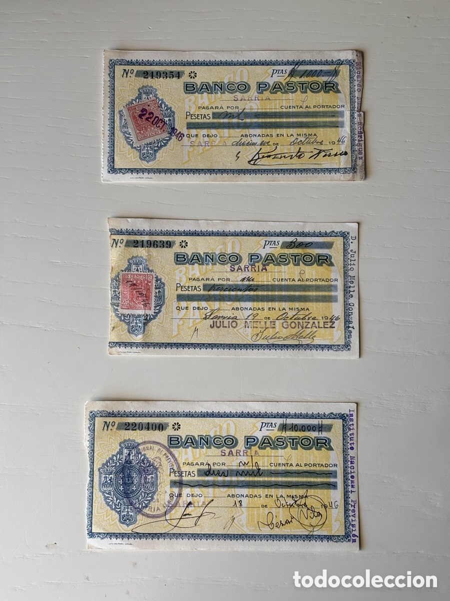Documentos bancarios: Tr&iacute;o cheques Banco Pastor 1946