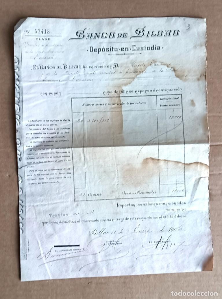 Documentos bancarios: Banco de Bilbao dep&oacute;sito en custodia 1906