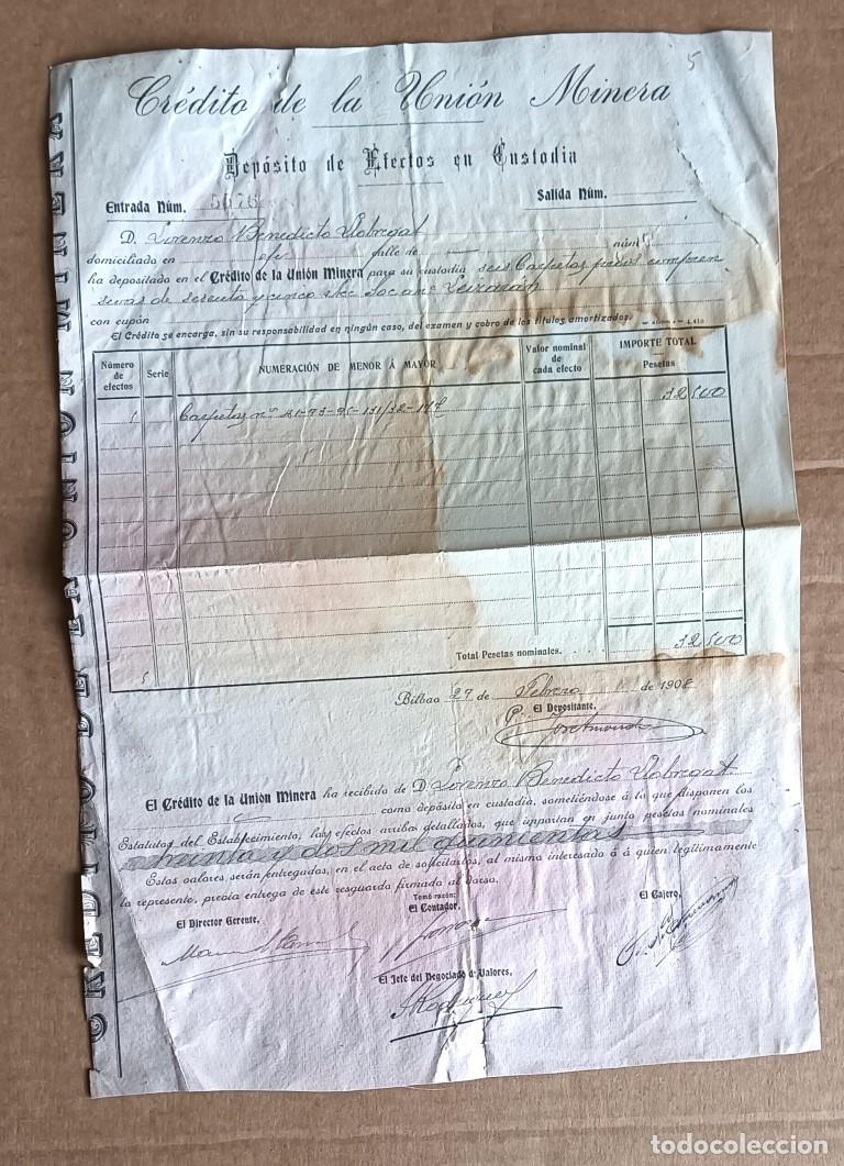 Documentos bancarios: CR&Eacute;DITO DE LA UNION MINERA dep&oacute;sito de efectos en custodia - Bilbao 1908