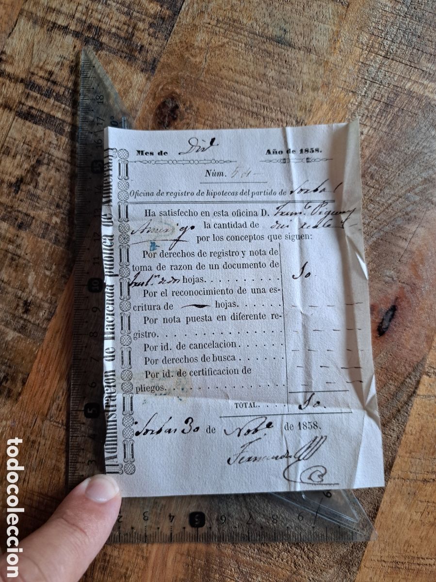 Documentos bancarios: Jml Administraci&oacute;n Hacienda Almeria. Sorbas 30 noviembre 1858