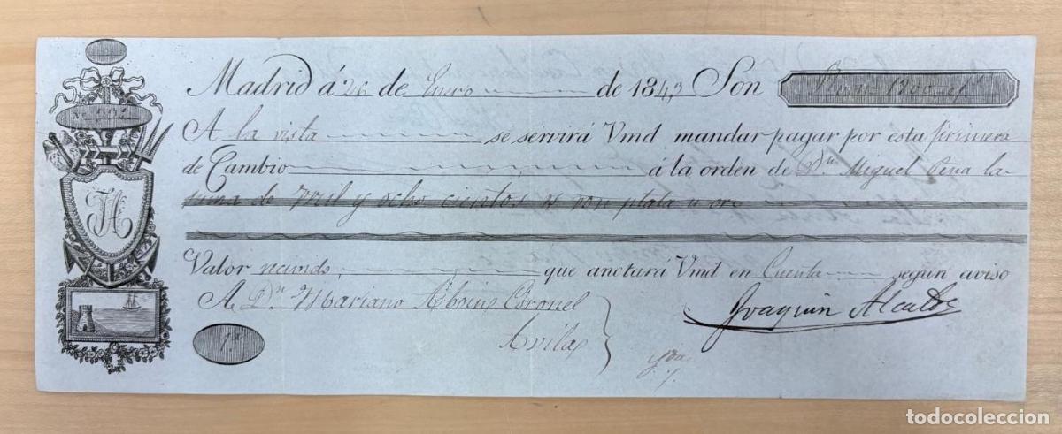 Documentos bancarios: LETRA DE CAMBIO A D. HILARIO, POR JOAQU&Iacute;N ALAUD. MADRID, 1843