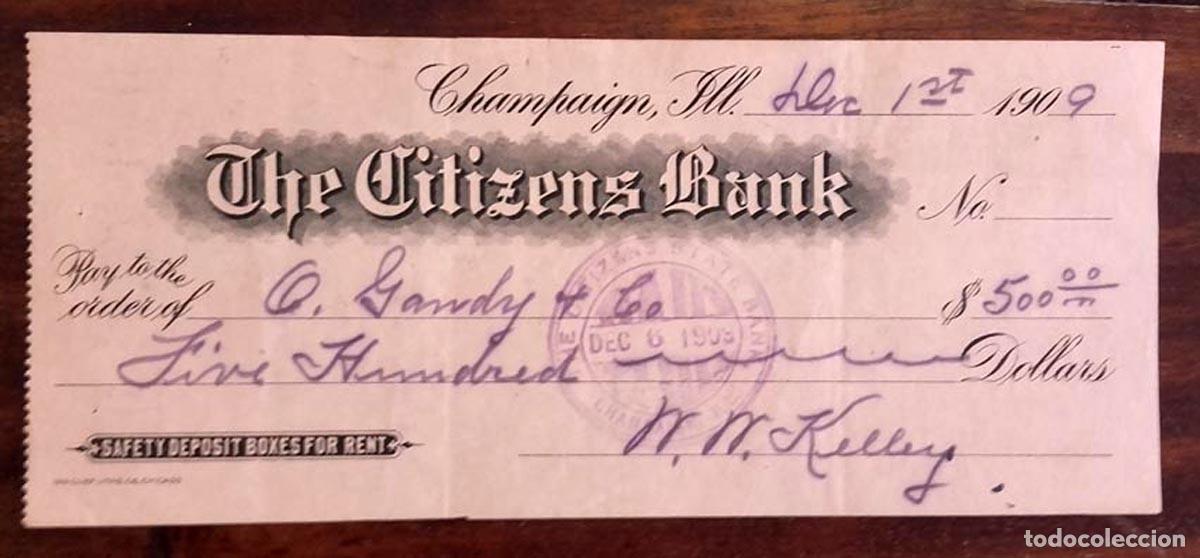 Documentos bancarios: 1909 Cheque The Citizens Bank