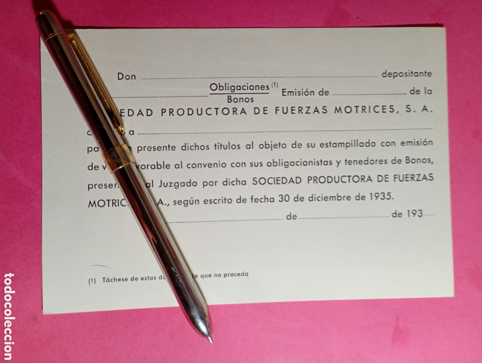 Bank Documents: ANTIGUO TARJET&Oacute;N AUTORIZACI&Oacute;N ESTAMPILLADO T&Iacute;TULOS ''sociedad productora de fuerzas motrices s.a. ''