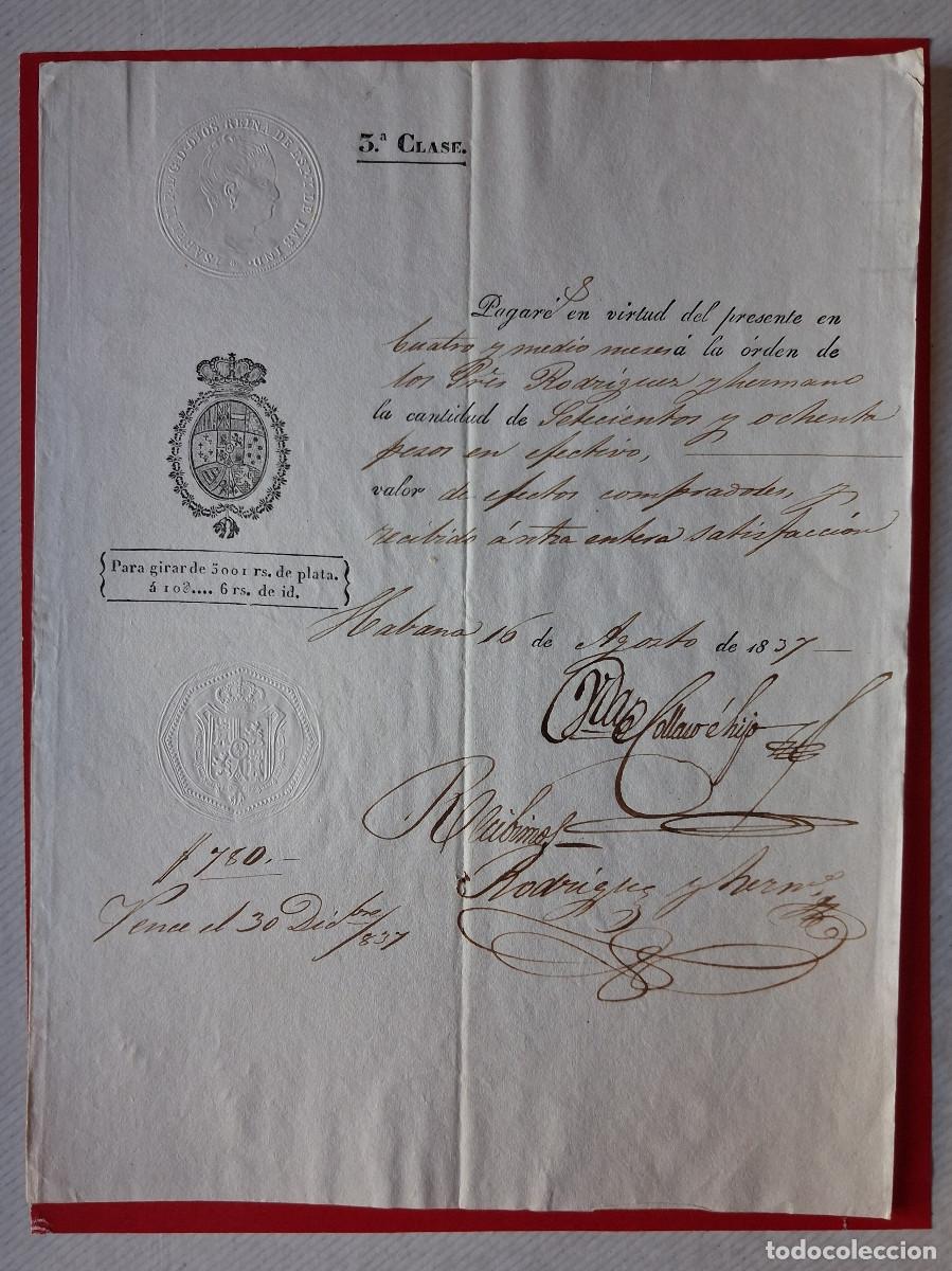 Documentos bancarios: La Habana (Cuba) 1837 Pagar&eacute; 3&ordf; Clase. Sellos en seco.
