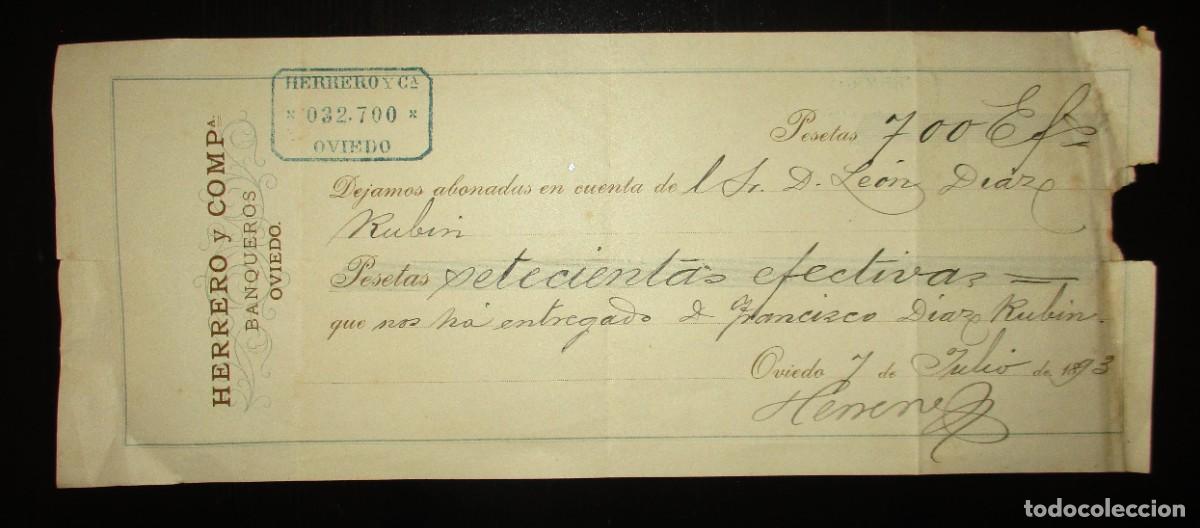 Documenti bancari: BANCO HERRERO DE OVIEDO. RECIBO DE ABONO DEL A&Ntilde;O 1893.