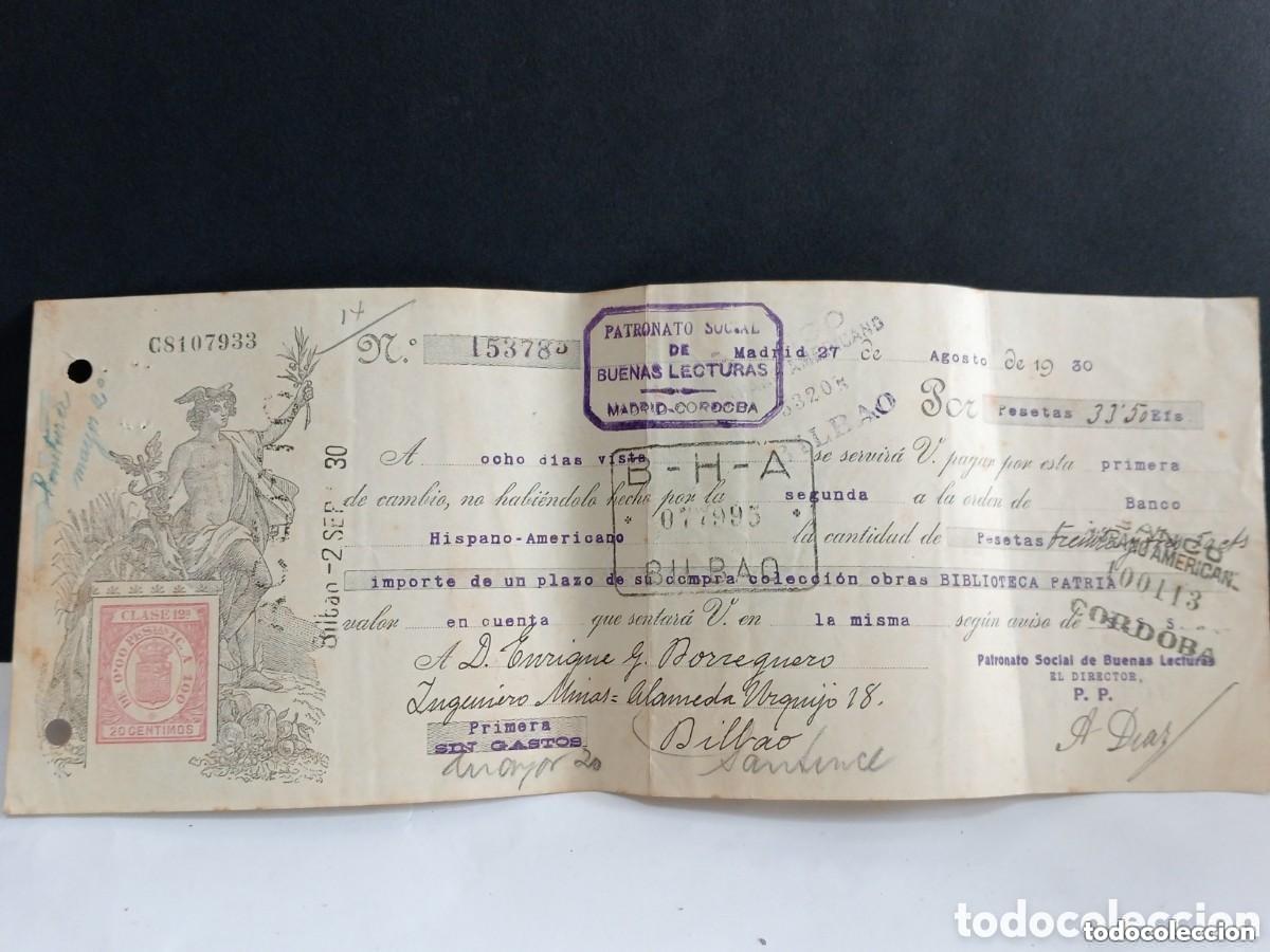 Documentos bancarios: PATRONATO SOCIAL DE BUENAS LECTURAS MADRID-CORDOBA. BANCO HISPANO-AMERICANO MADRID 1930 LETRA CAMBIO