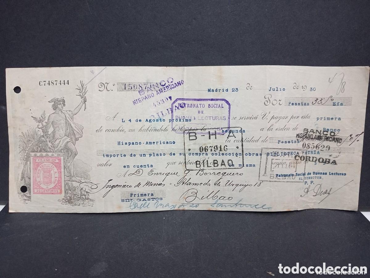 Documentos bancarios: BANCO HISPANO AMERICANO. PATRONATO SOCIAL DE BUENAS LECTURAS. BIBLIOTECA PATRIA. MADRID 1930 LETRA
