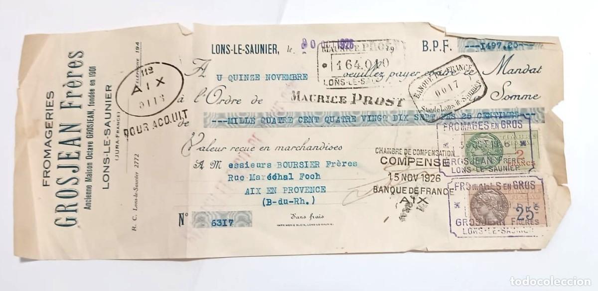 Documentos bancarios: Letra de cambio vintage francesa de 1926 de la empresa Grosjean Fr&egrave;res.