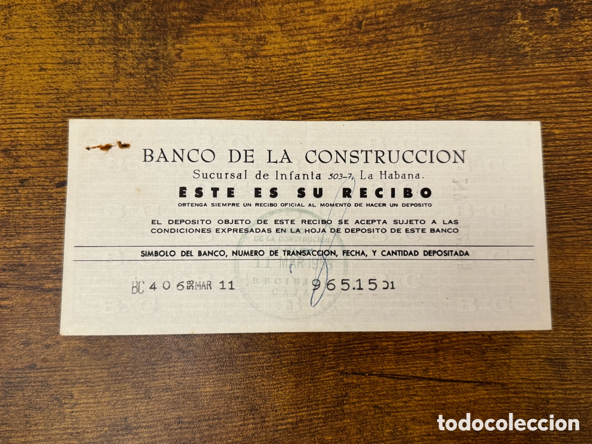Documentos bancarios: Recibo del Banco de la Construcci&oacute;n 1958. Cuba
