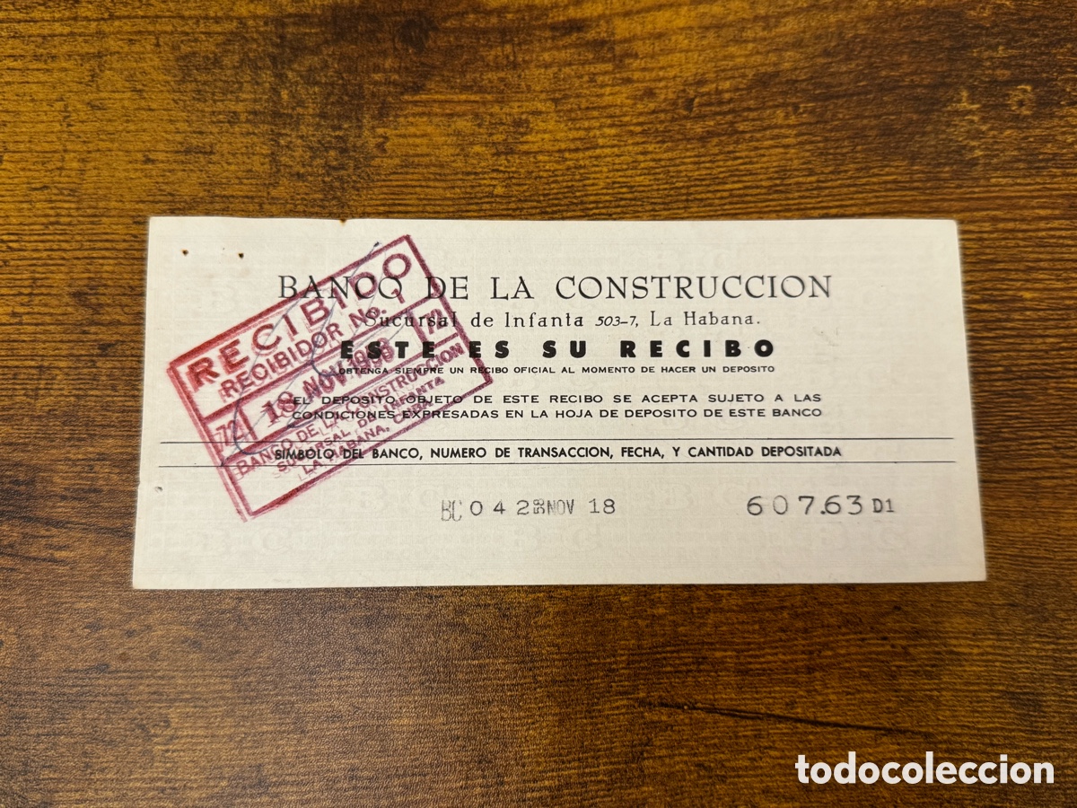 Documentos bancarios: Recibo del Banco de la Construcci&oacute;n 1958. Cuba