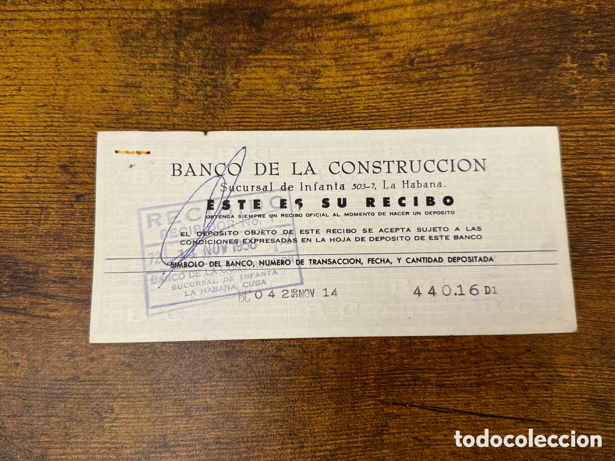 Documentos bancarios: Recibo del Banco de la Construcci&oacute;n 1958. Cuba