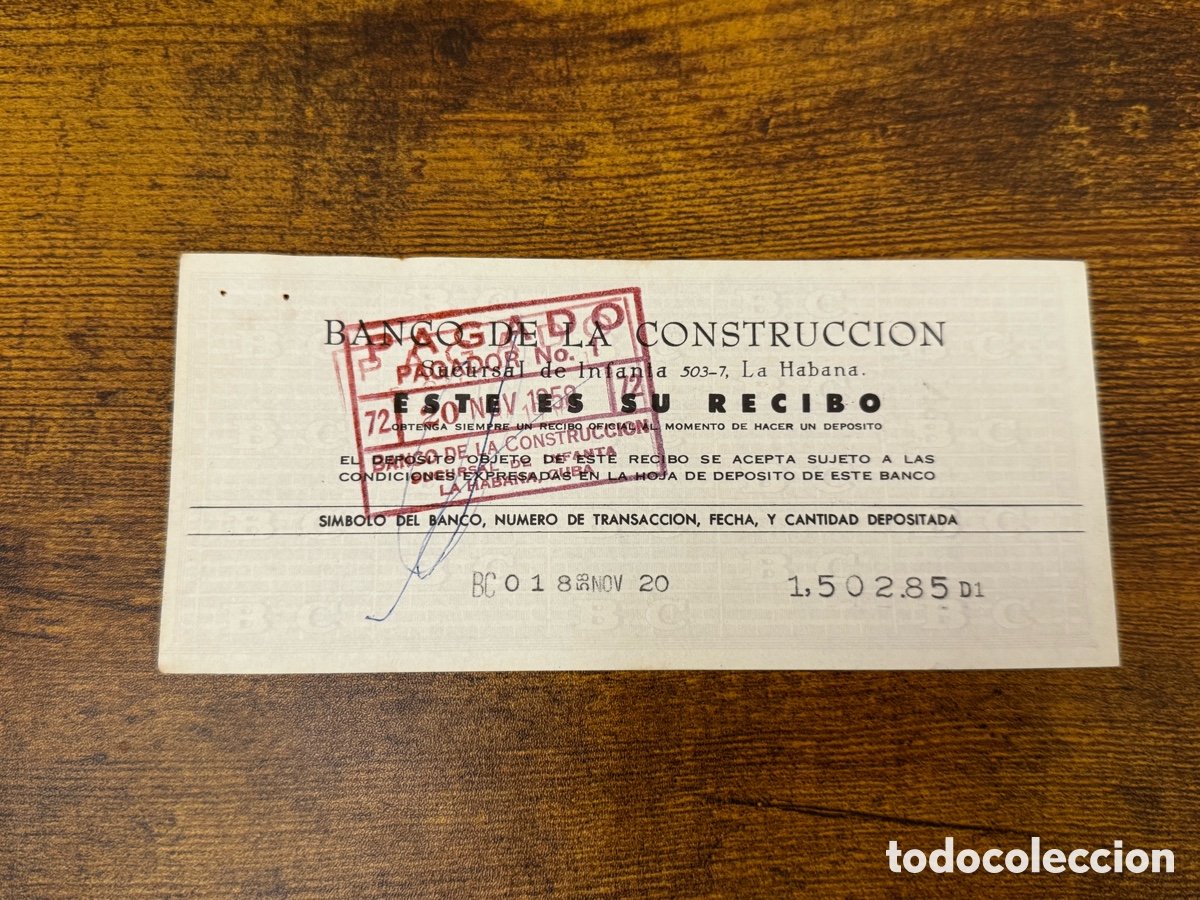 Documentos bancarios: Recibo del Banco de la Construcci&oacute;n 1958. Cuba