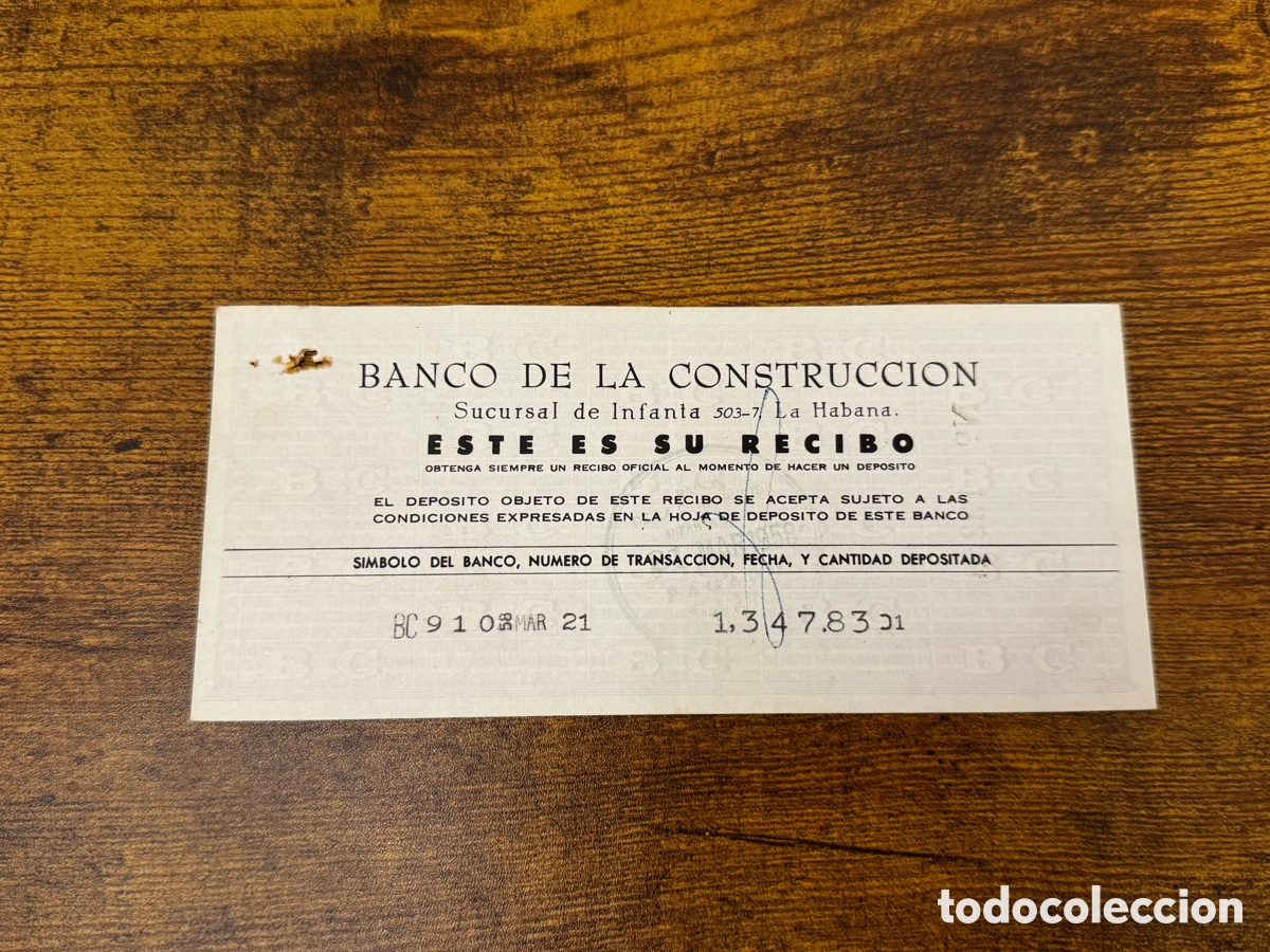 Documentos bancarios: Recibo del Banco de la Construcci&oacute;n 1958. Cuba - Foto 1