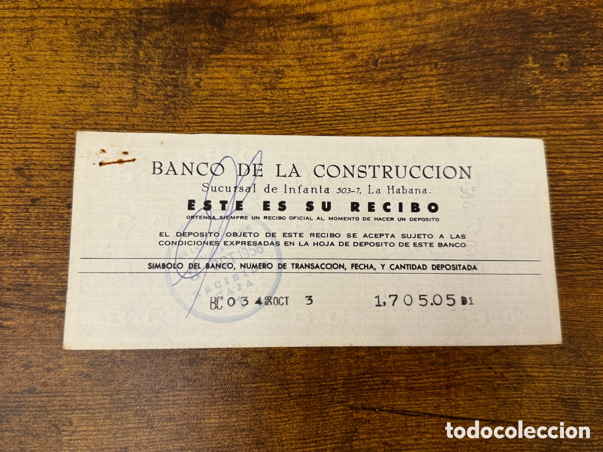 Documentos bancarios: Recibo del Banco de la Construcci&oacute;n 1958. Cuba
