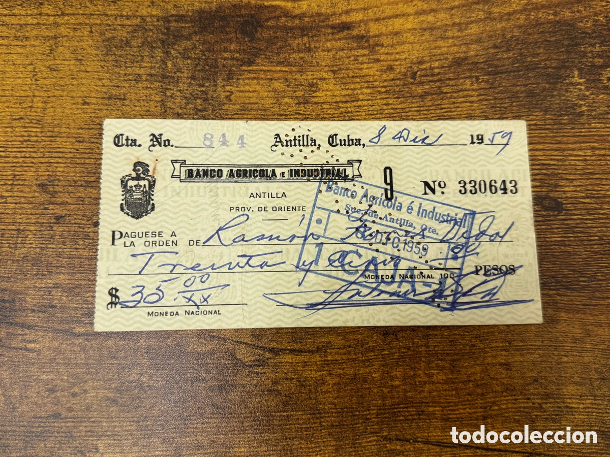 Documentos bancarios: Recibo del Banco Banco Agricola e Industrial 1959. Cuba