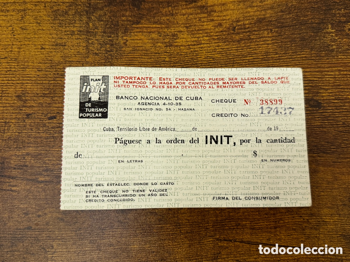 Documentos bancarios: Recibo del INIT de Turismo Popular. Cuba Socialista
