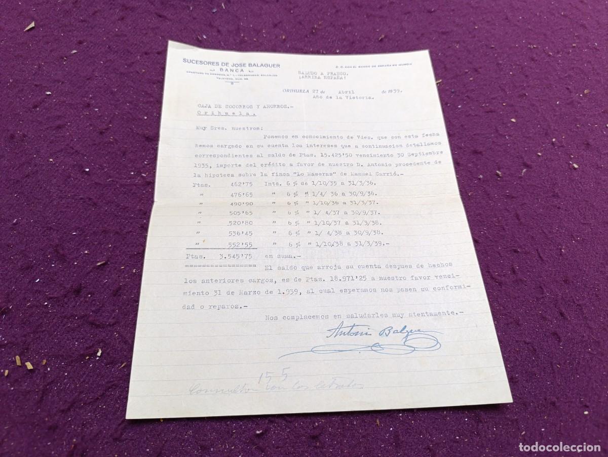Documentos bancarios: Antiguo Documento, Orihuela, 1939, documento bancario o similar