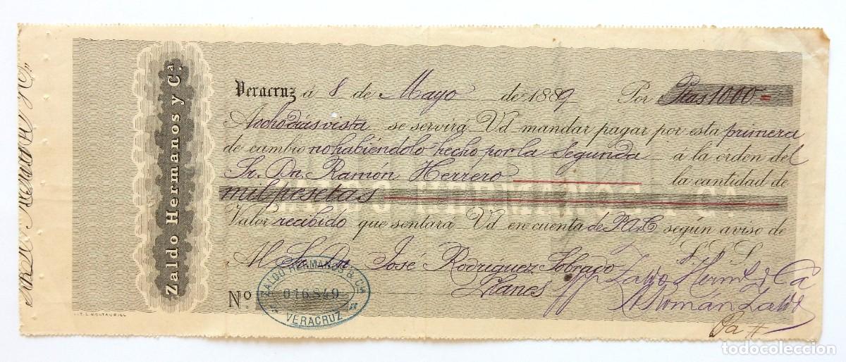 Documentos bancarios: LETRA DE CAMBIO ZALDO HERMANOS Y CIA. VERACRUZ MEXICO MEJICO A&Ntilde;O 1889