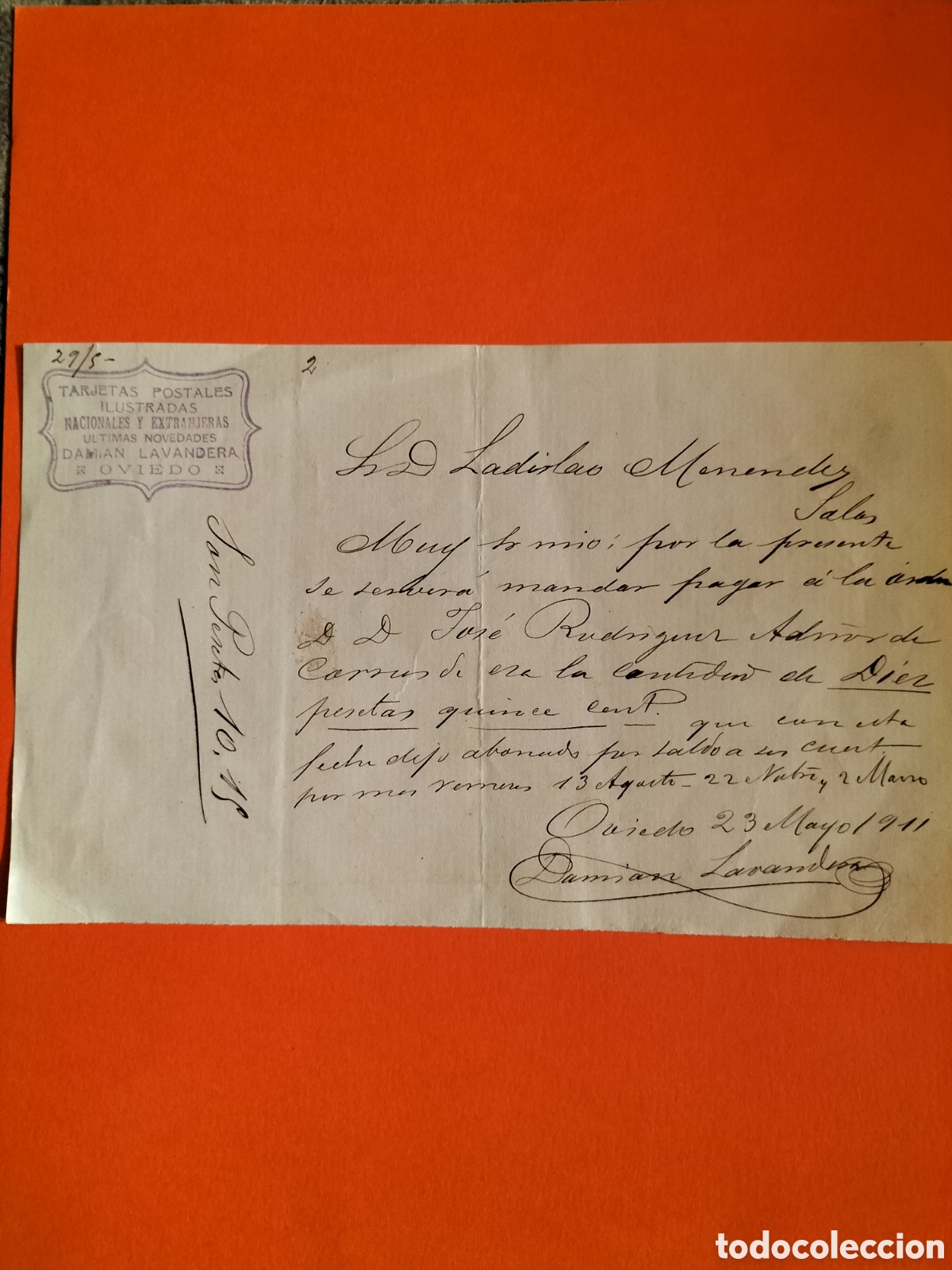 Documentos bancarios: Ladislao Men&eacute;ndez. Factura de 1911.