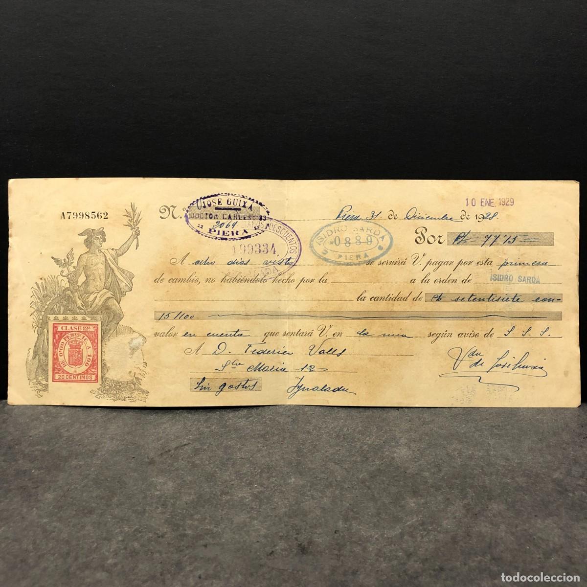 Documentos bancarios: CHEQUE - IGUALADA - JOSE GUIX&Aacute; - PIERA - 1928 - RAR&Iacute;SIMO DOCUMENTO / 28