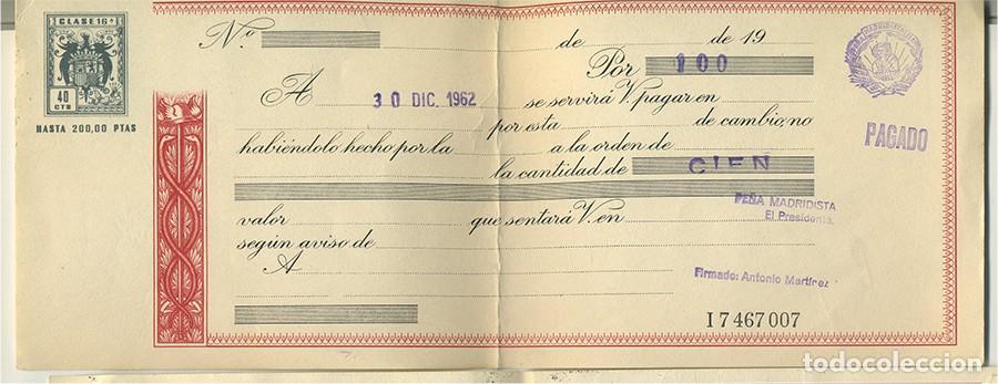 Documentos bancarios: LETRA DE CAMBIO PE&Ntilde;A MADRIDISTA DE ELCHE ALICANTE 1965 POR 100 PESETAS (1)