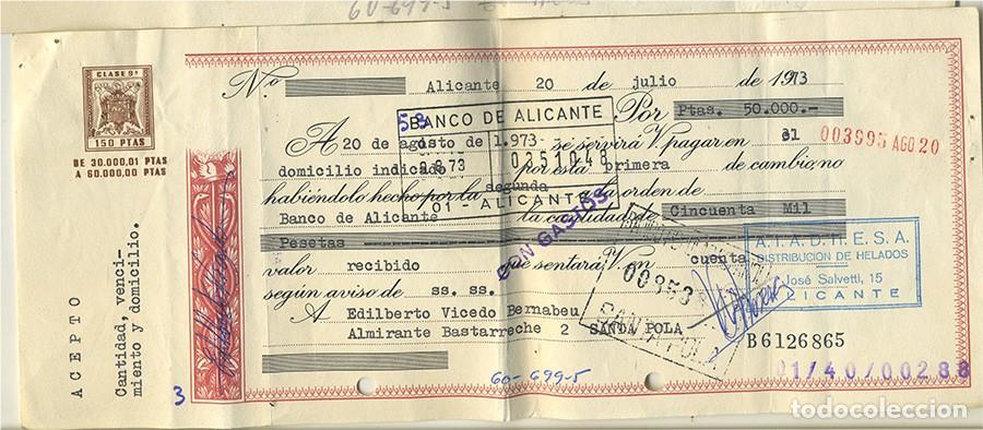 Documentos bancarios: LETRA DE CAMBIO A.I.A.D.H.E.S.A. DISTRIBUCION DE HELADOS 1973 POR 50.000 PESETAS (2)