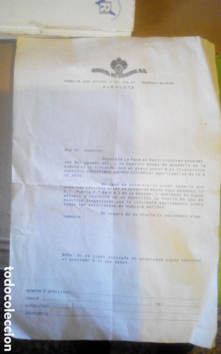 Documentos bancarios: Hoja informativa Central de Ahorros, S. A., Albacete. Prestamos ahorro vivienda. A&ntilde;os 60s/70s.