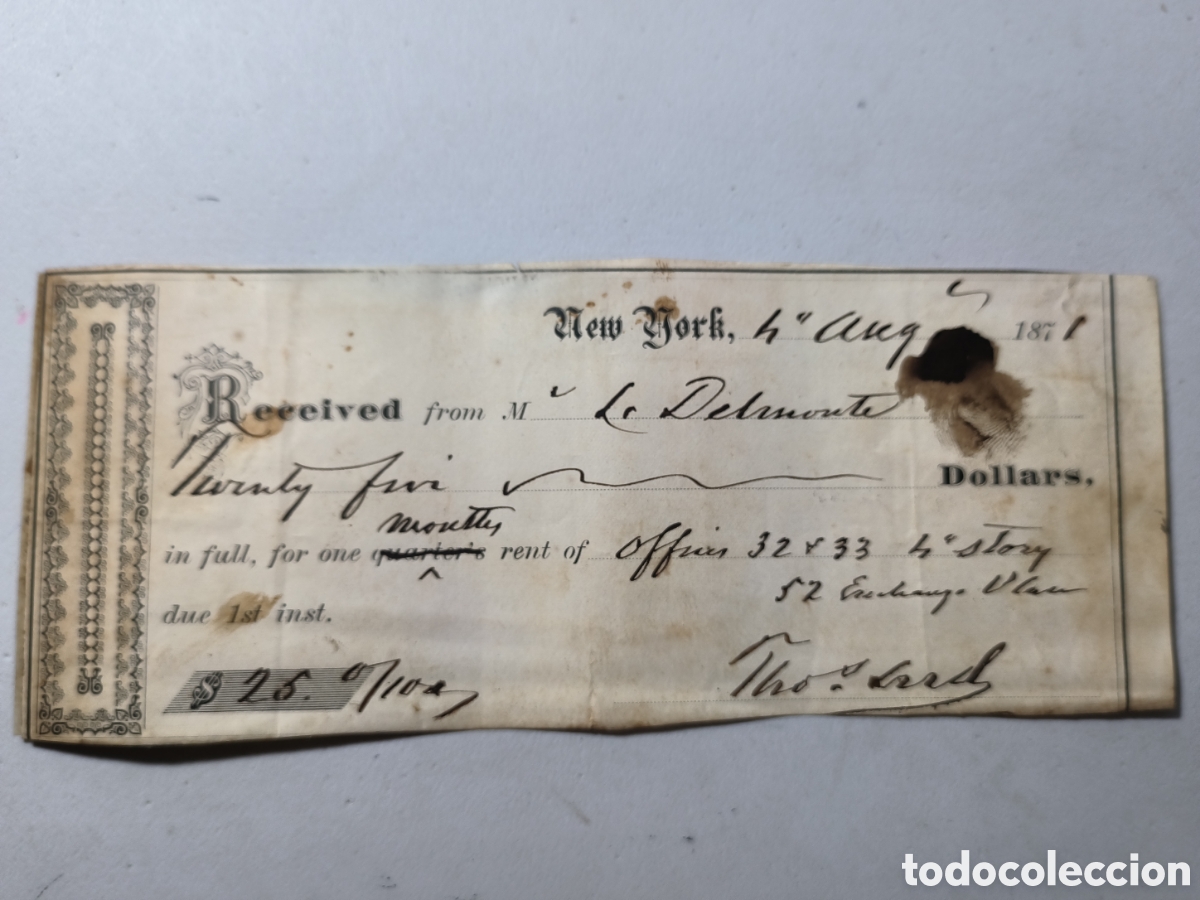 Documentos bancarios: Cuba, guerra de cuba,cheque firmado por Leonardo del monte, gobierno rep.cuba.en armas ,1871