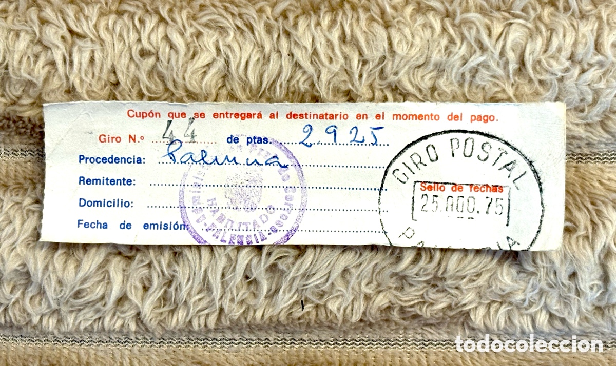 Documentos bancarios: Antiguo Cup&oacute;n de Giro Postal de Correos Palencia (A&ntilde;o 1975) - 2.925 Pesetas / Colecci&oacute;n