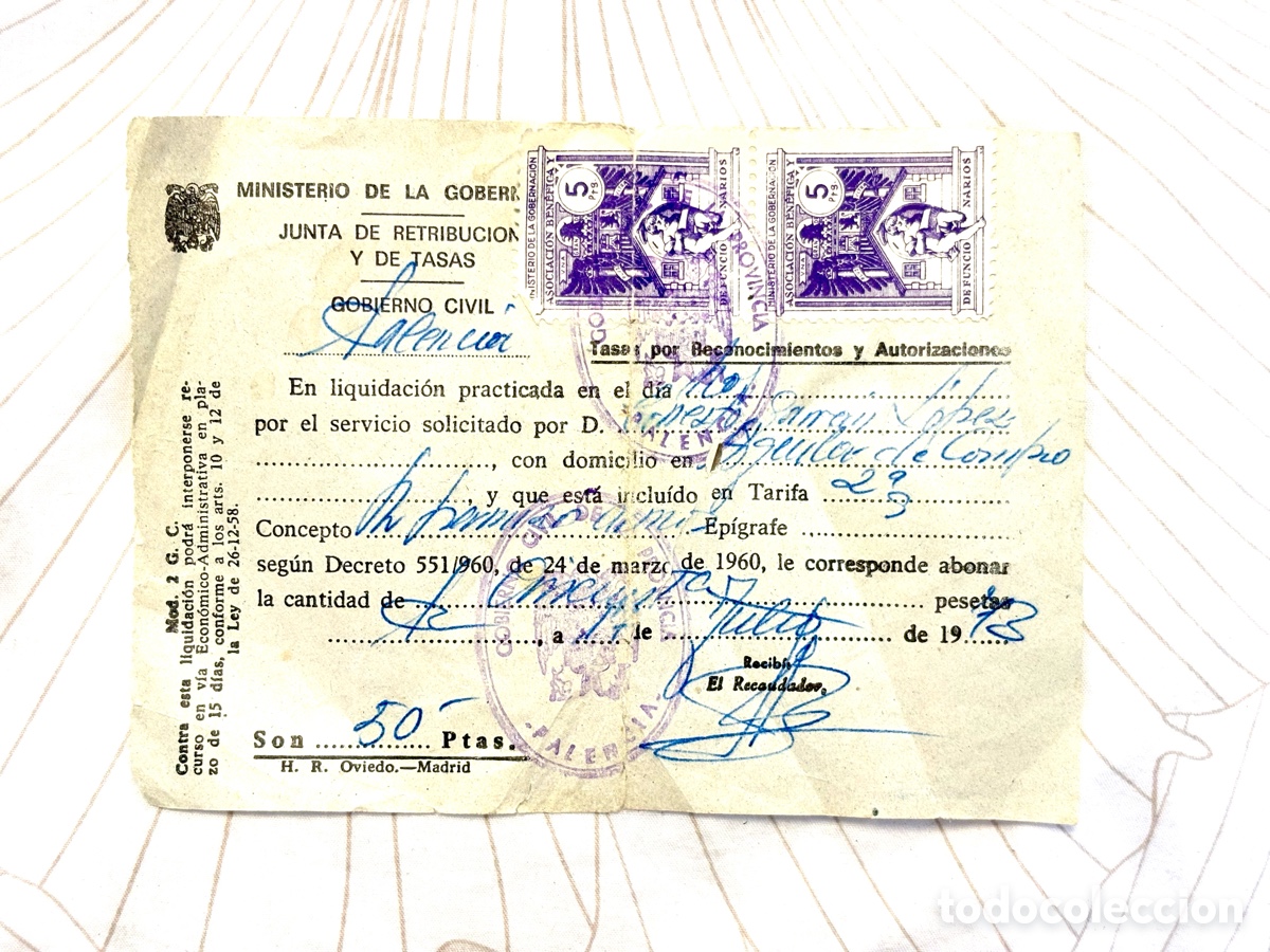 Documentos bancarios: Recibo Oficial Tasas Gobierno Civil Palencia (1973) - Aguilar de Campoo - Dos Sellos Fiscales