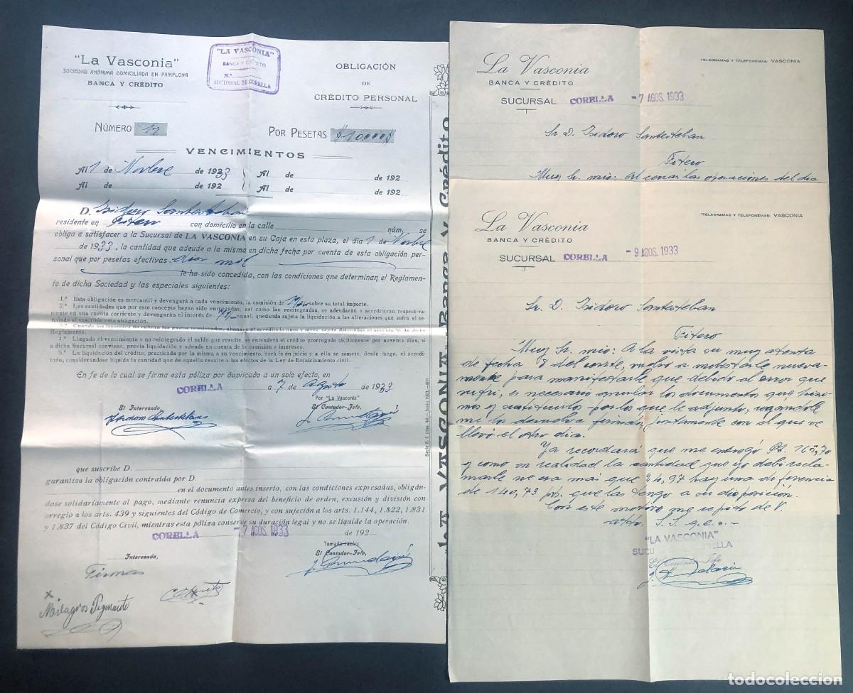 Documentos bancarios: LA VASCONIA ( PAMPLONA ) CR&Eacute;DITO PERSONAL A&Ntilde;O 1933 / CORELLA NAVARRA / CARTAS