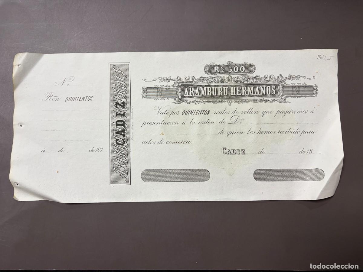 Documentos bancarios: ANTIGUO PAGAR&Eacute; VALE COMERCIAL ARAMBURU HERMANOS &ndash; 500 REALES DE VELL&Oacute;N &ndash; C&Aacute;DIZ &ndash; 1870