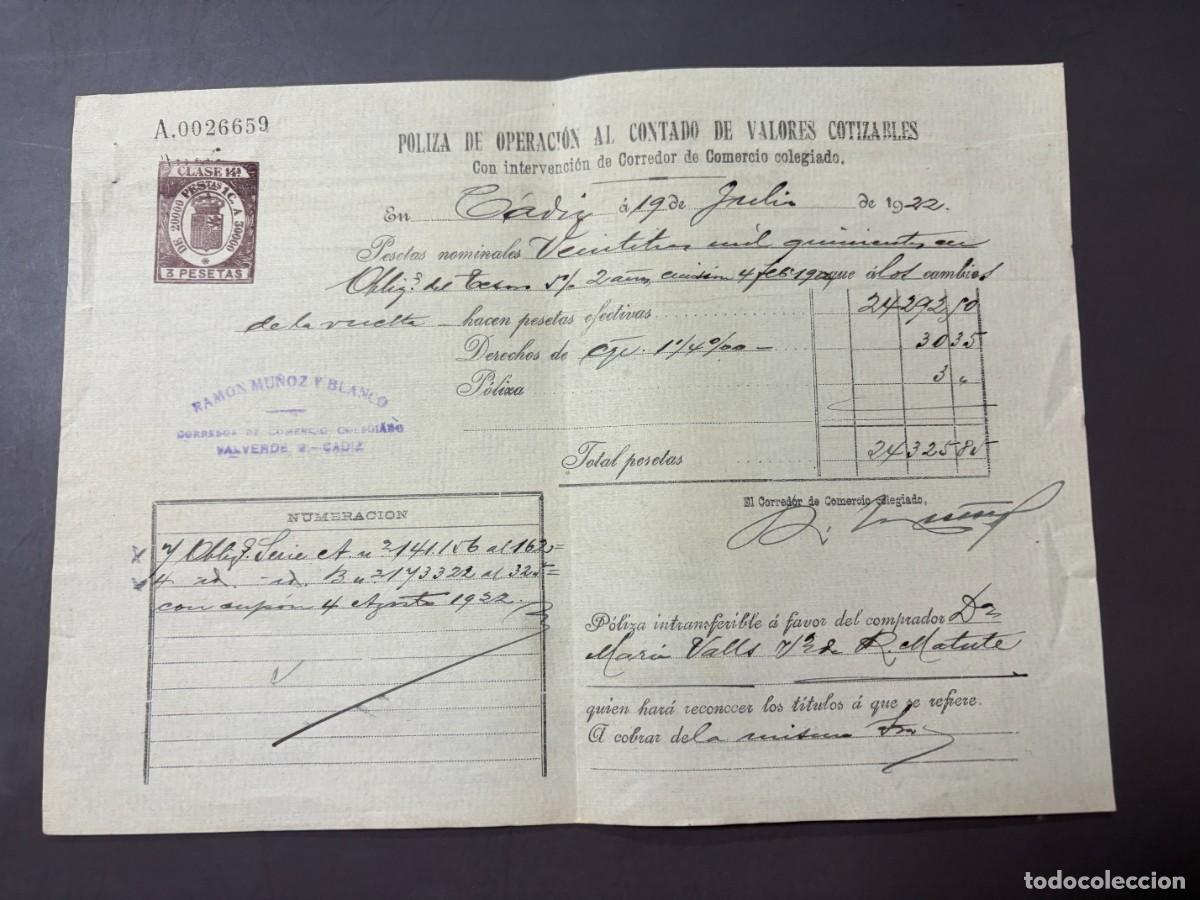 Documentos bancarios: P&Oacute;LIZA DE BOLSA POR OPERACI&Oacute;N AL CONTADO DE VALORES COTIZABLES. RAM&Oacute;N MU&Ntilde;OZ Y BLANCO. C&Aacute;DIZ, 1922.