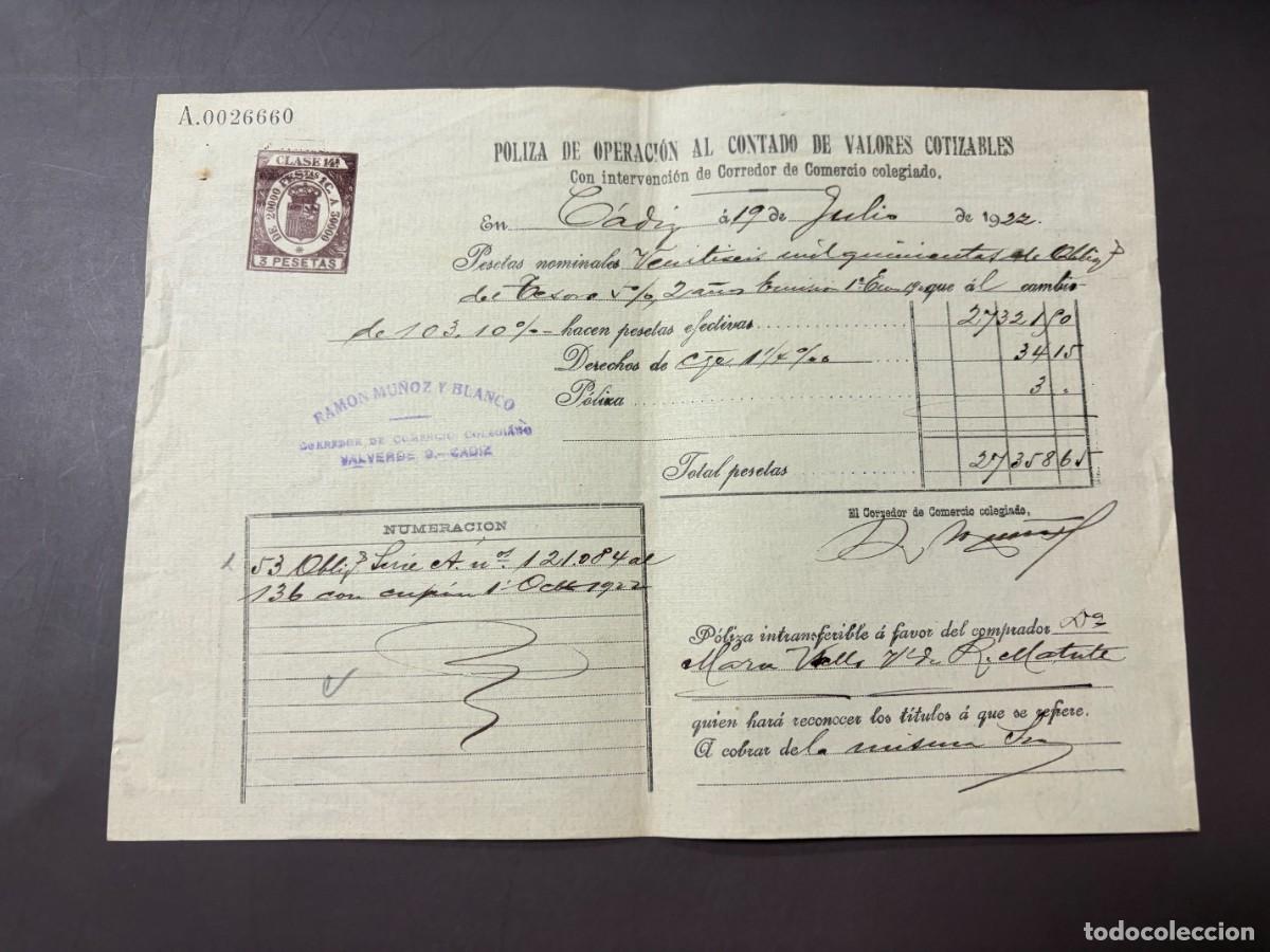 Documentos bancarios: P&Oacute;LIZA DE BOLSA POR OPERACI&Oacute;N AL CONTADO DE VALORES COTIZABLES. RAM&Oacute;N MU&Ntilde;OZ Y BLANCO. C&Aacute;DIZ, 1922.