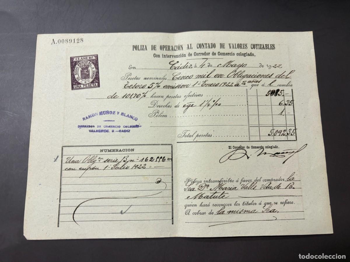 Documentos bancarios: P&Oacute;LIZA DE BOLSA POR OPERACI&Oacute;N AL CONTADO DE VALORES COTIZABLES. RAM&Oacute;N MU&Ntilde;OZ Y BLANCO. C&Aacute;DIZ, 1922.