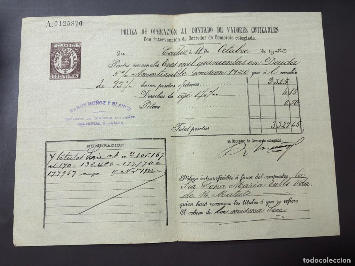 Documentos bancarios: P&Oacute;LIZA DE BOLSA POR OPERACI&Oacute;N AL CONTADO DE VALORES COTIZABLES. RAM&Oacute;N MU&Ntilde;OZ Y BLANCO. C&Aacute;DIZ, 1922.