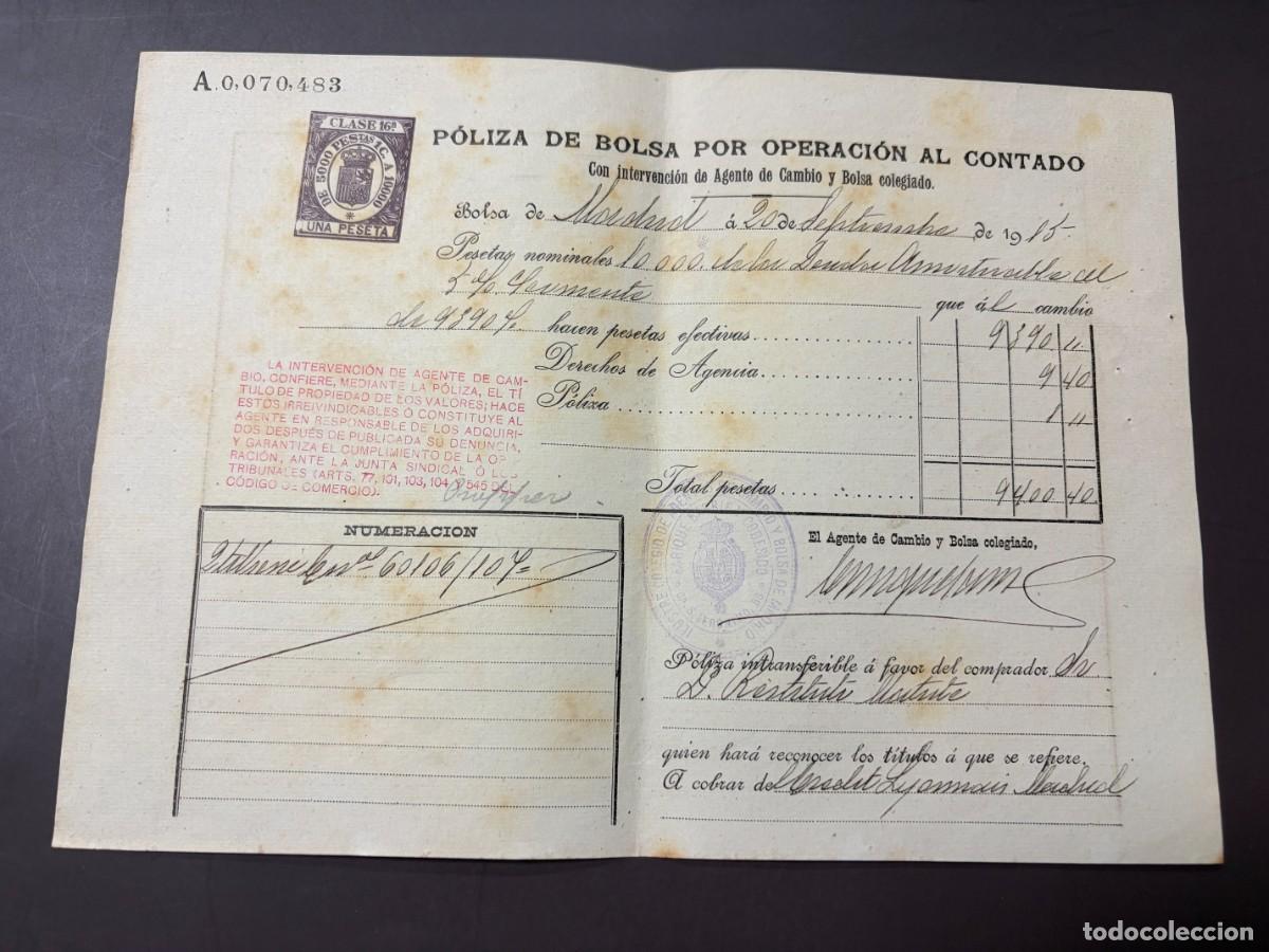 Documentos bancarios: P&Oacute;LIZA DE BOLSA POR OPERACI&Oacute;N AL CONTADO DE VALORES COTIZABLES. RAM&Oacute;N MU&Ntilde;OZ Y BLANCO. C&Aacute;DIZ, 1922.