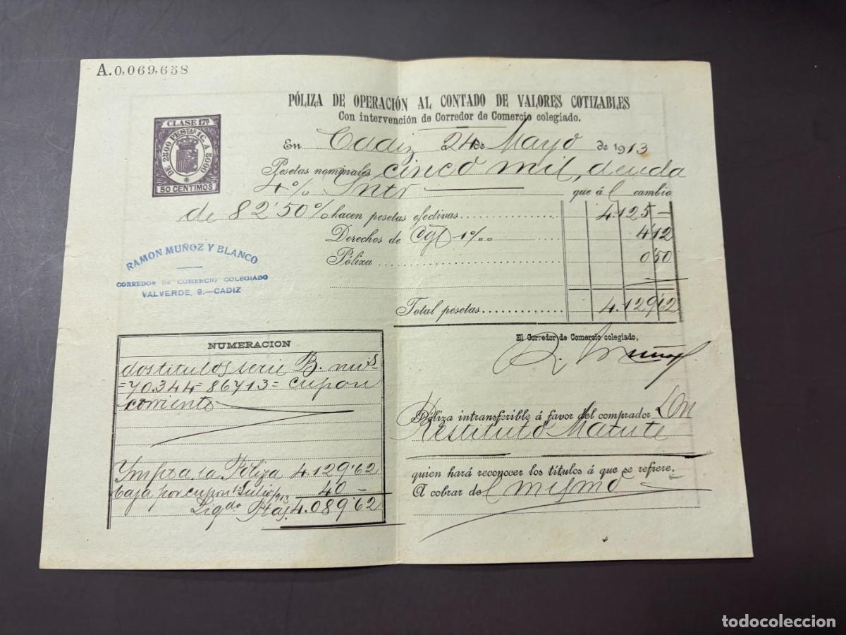 Documentos bancarios: P&Oacute;LIZA DE BOLSA POR OPERACI&Oacute;N AL CONTADO DE VALORES COTIZABLES. RAM&Oacute;N MU&Ntilde;OZ Y BLANCO. C&Aacute;DIZ, 1913