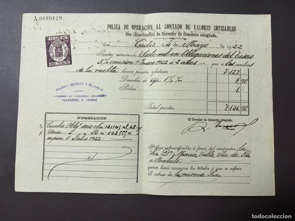 Documentos banc&aacute;rios: P&Oacute;LIZA DE BOLSA POR OPERACI&Oacute;N AL CONTADO DE VALORES COTIZABLES. RAM&Oacute;N MU&Ntilde;OZ Y BLANCO. C&Aacute;DIZ, 1922