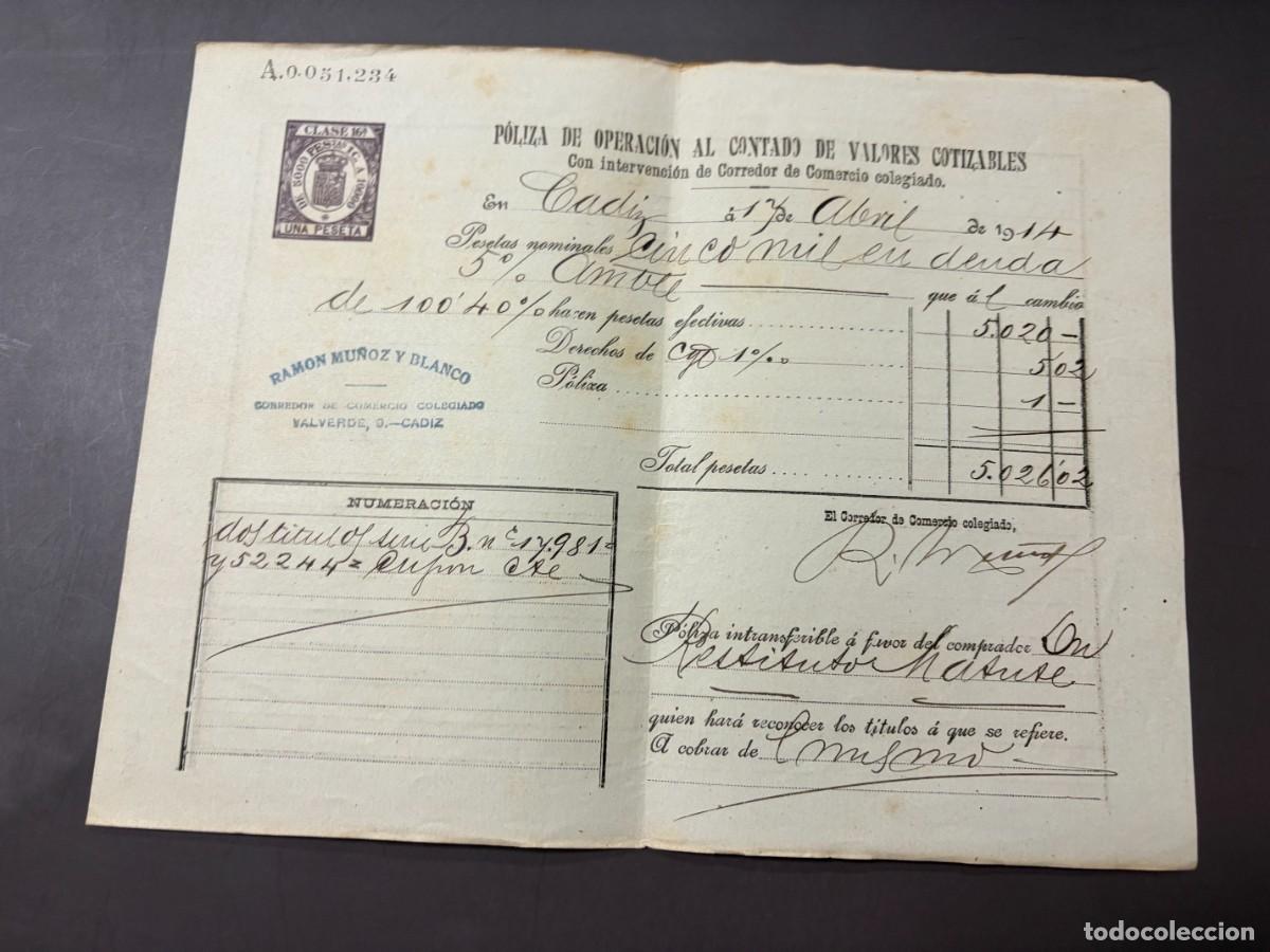 Documentos bancarios: P&Oacute;LIZA DE BOLSA POR OPERACI&Oacute;N AL CONTADO DE VALORES COTIZABLES. RAMON MU&Ntilde;OZ Y BLANCO. C&Aacute;DIZ, 1914