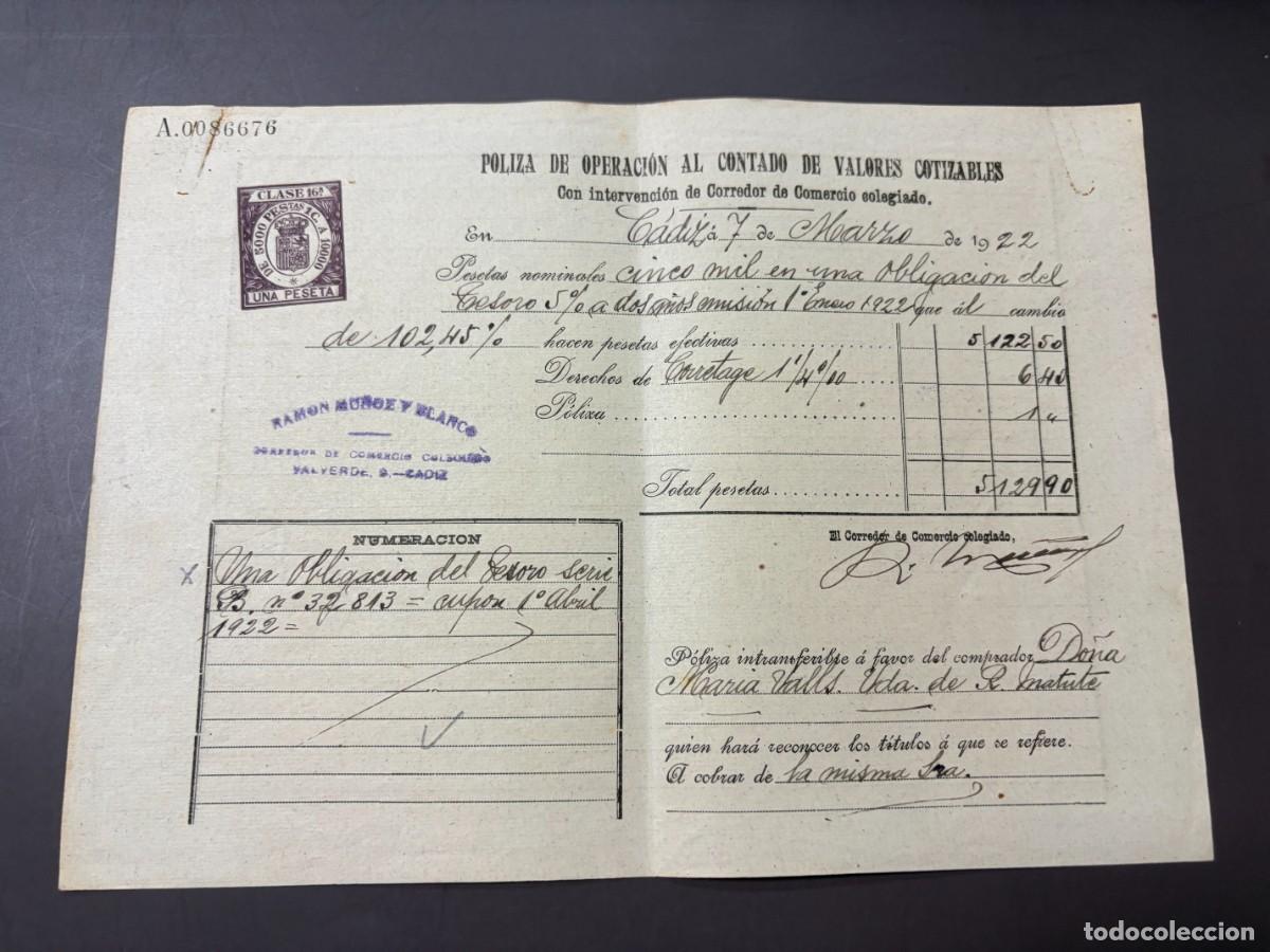 Documentos bancarios: P&Oacute;LIZA DE BOLSA POR OPERACI&Oacute;N AL CONTADO DE VALORES COTIZABLES. RAMON MU&Ntilde;OZ Y BLANCO. C&Aacute;DIZ, 1922