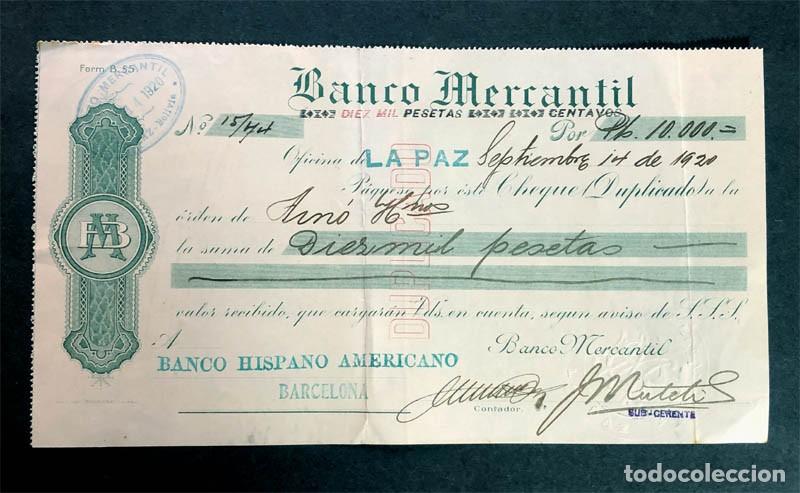 Documentos bancarios: BANCO MERCANTIL DE LA PAZ ( BOLIVIA ) A&Ntilde;O 1920 / 10000 PESETAS