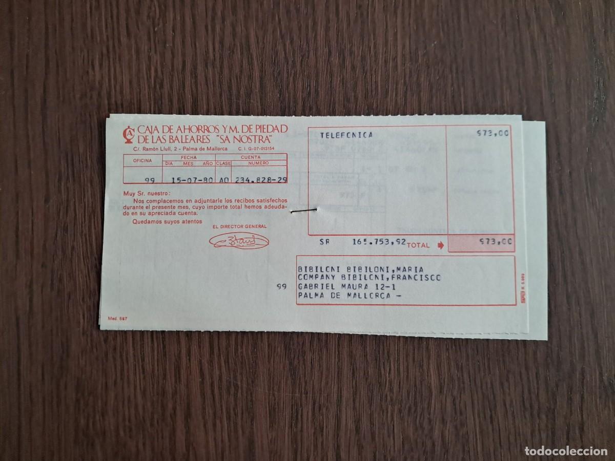 Documentos bancarios: recibo bancario pago factura telef&oacute;nica, Caja de ahorros y monte de piedad de Baleares, a&ntilde;o 1980