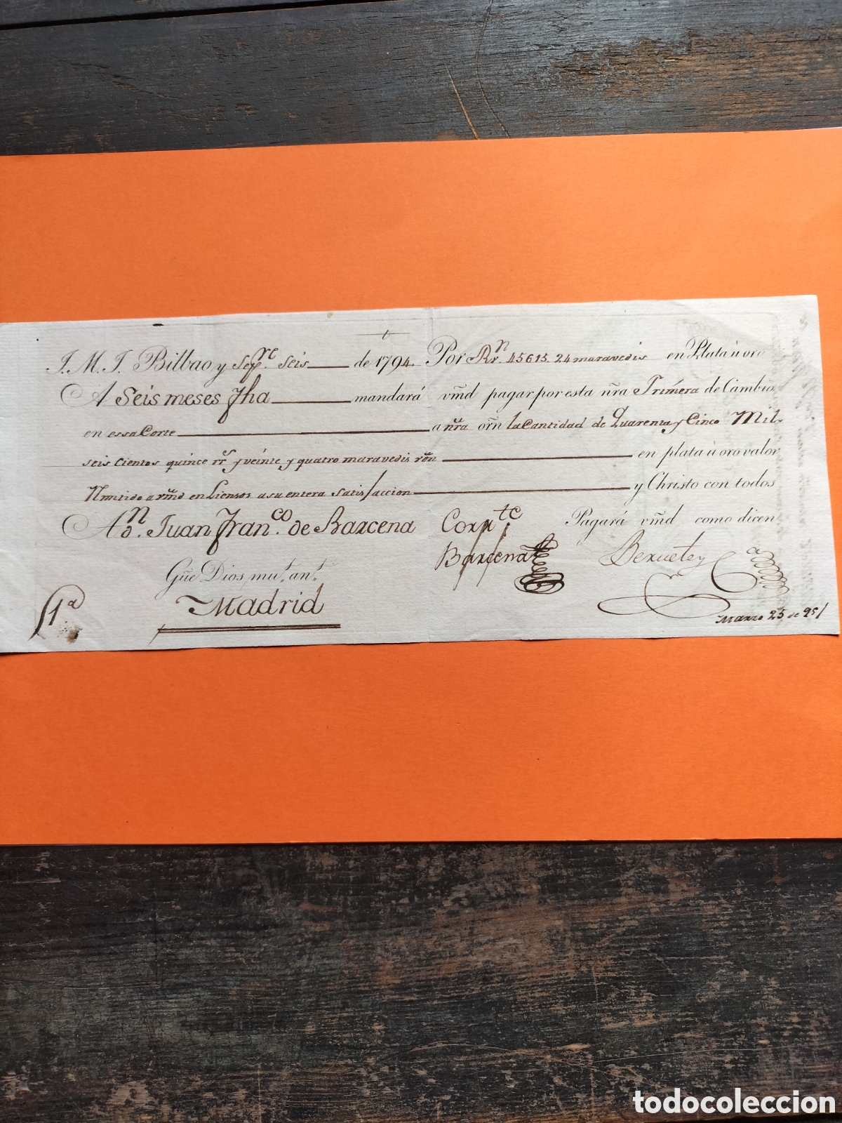 Documentos bancarios: Bilbao Primera de Cambio. 45615,24 Maraved&iacute;s. 1794.