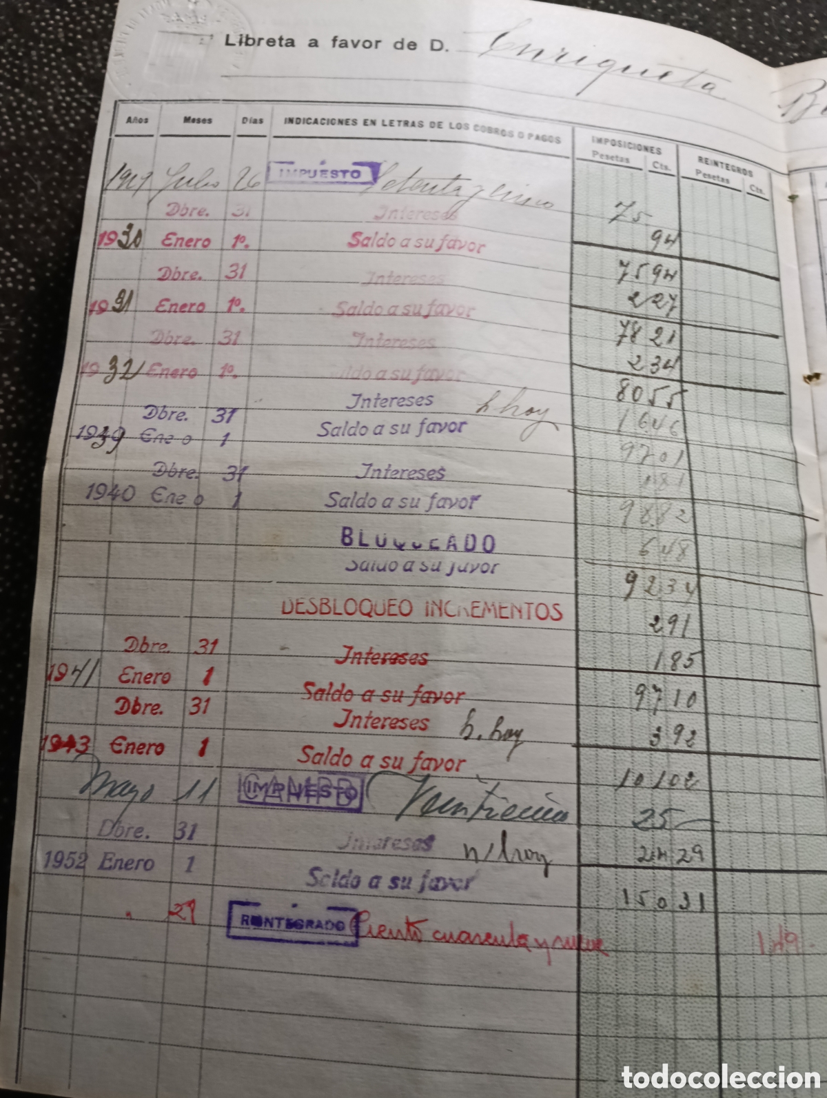 Documentos bancarios: Libreta de cr&eacute;dito Monte de Piedad 1930 gran formato. - Foto 2