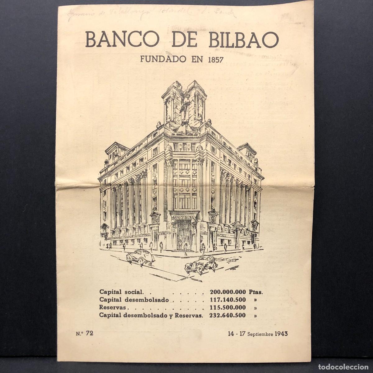 Documentos bancarios: BANCO DE BILBAO - N&ordm; 72 - 14-17 SEPTIEMBRE 1943 - TRIPTICO BANCARIO - RAR&Iacute;SIMO - FOLLETO / 265