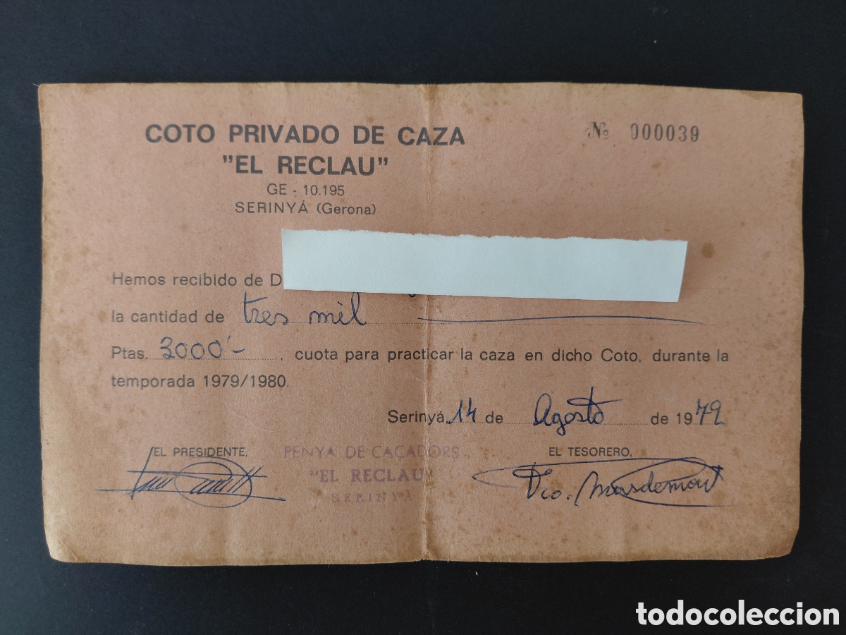 Documentos bancarios: SERINY&Agrave; - RECIBO COTO DE CAZA &rdquo;EL RECLAU&rdquo; A&Ntilde;O 1979