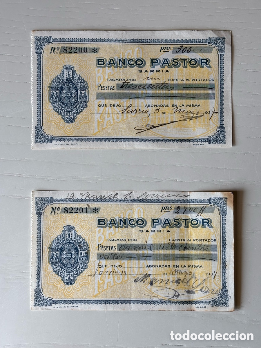 Documentos bancarios: Pareja cheques bancarios Banco Pastor Sarria correlativos 1937